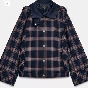 Navy Plaid Button-Up Jacket with Navy Collar